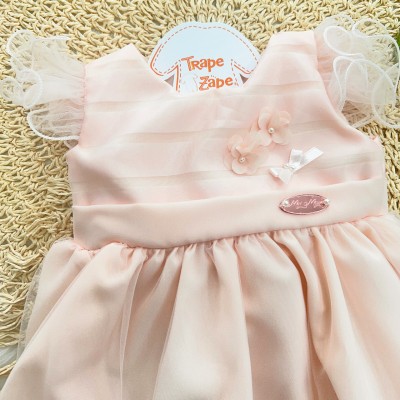 Vestido com Mangas em Tule e Florzinhas com Pérolas - Rose